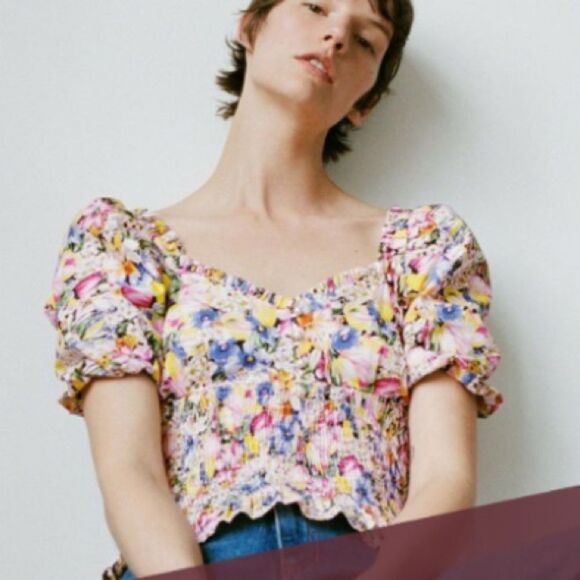 Zara Tops - Sz XS Zara Smocked Scrunched Stretchy Pink Purple Yellow Pearl Detail Blouse